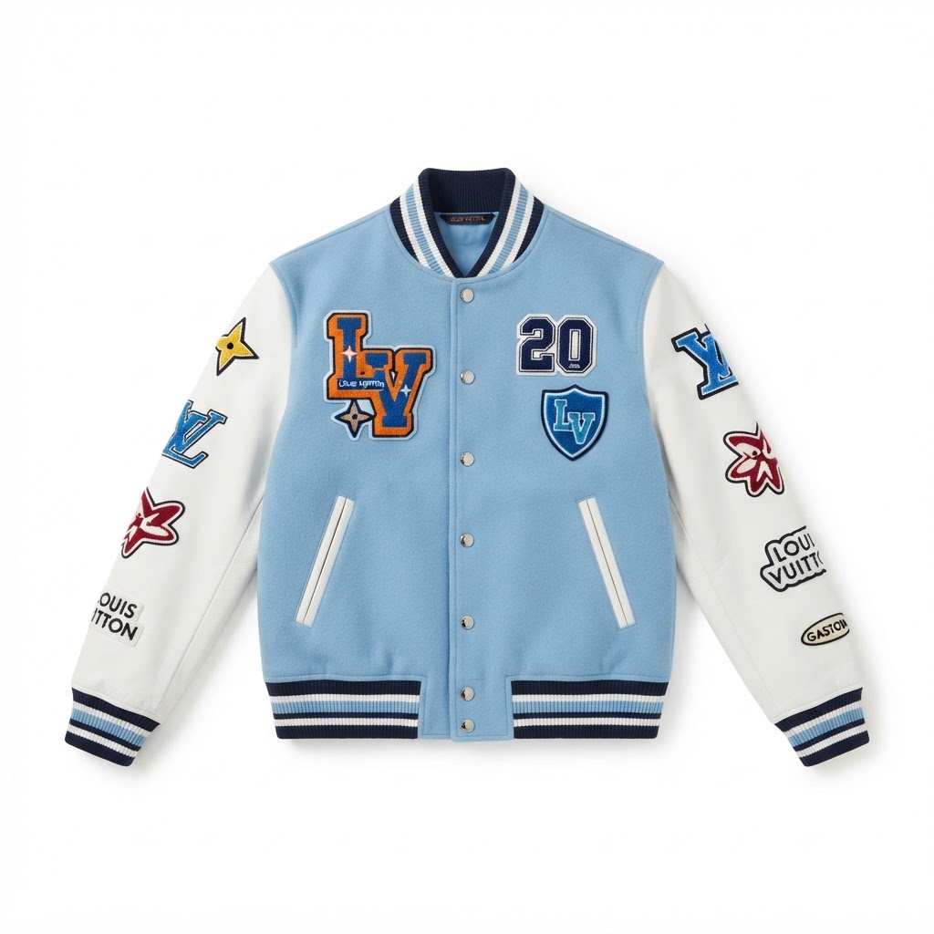 LV Varsity Jacket — Light Blue Colorful Patches