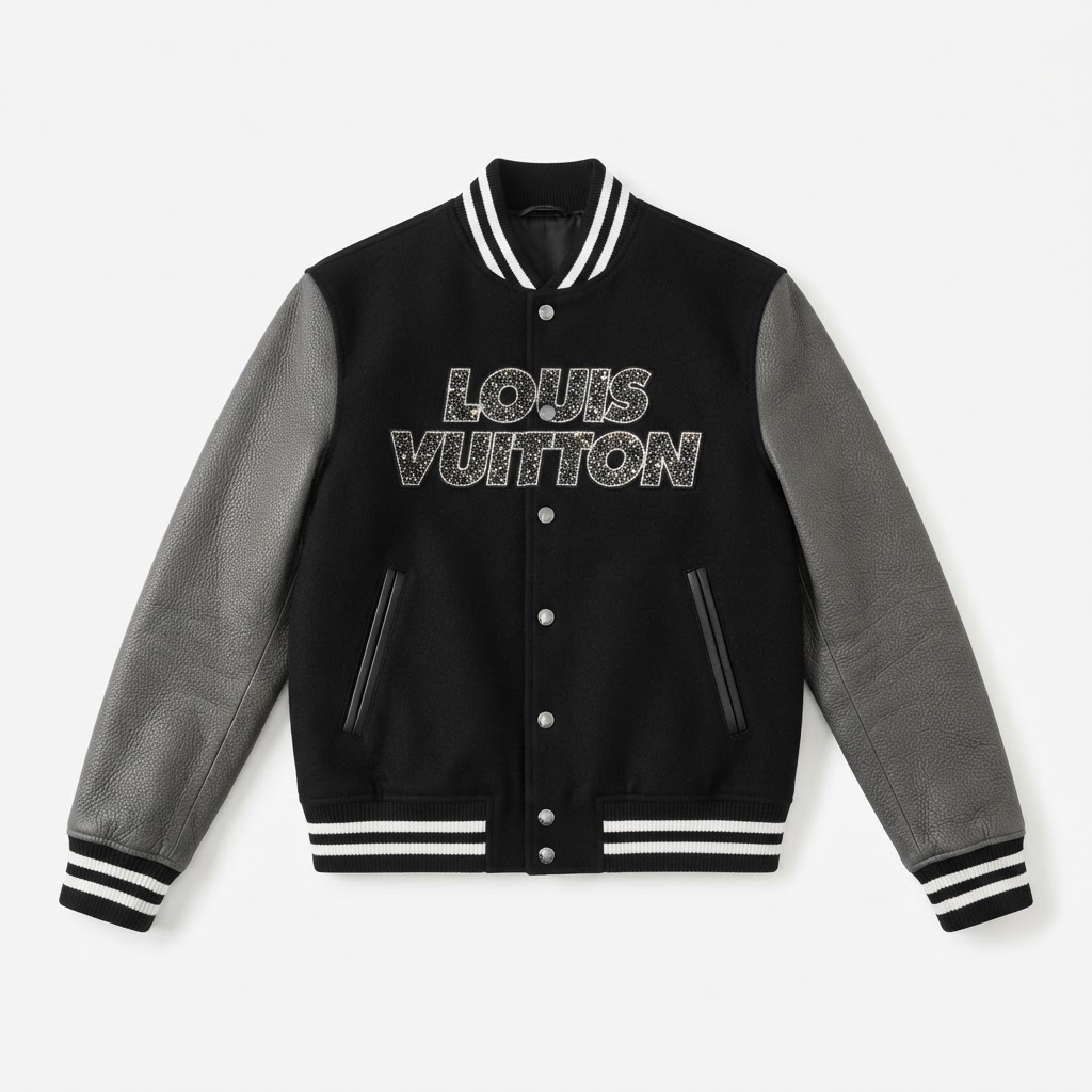 LV Varsity Jacket — Black / Glitter Text