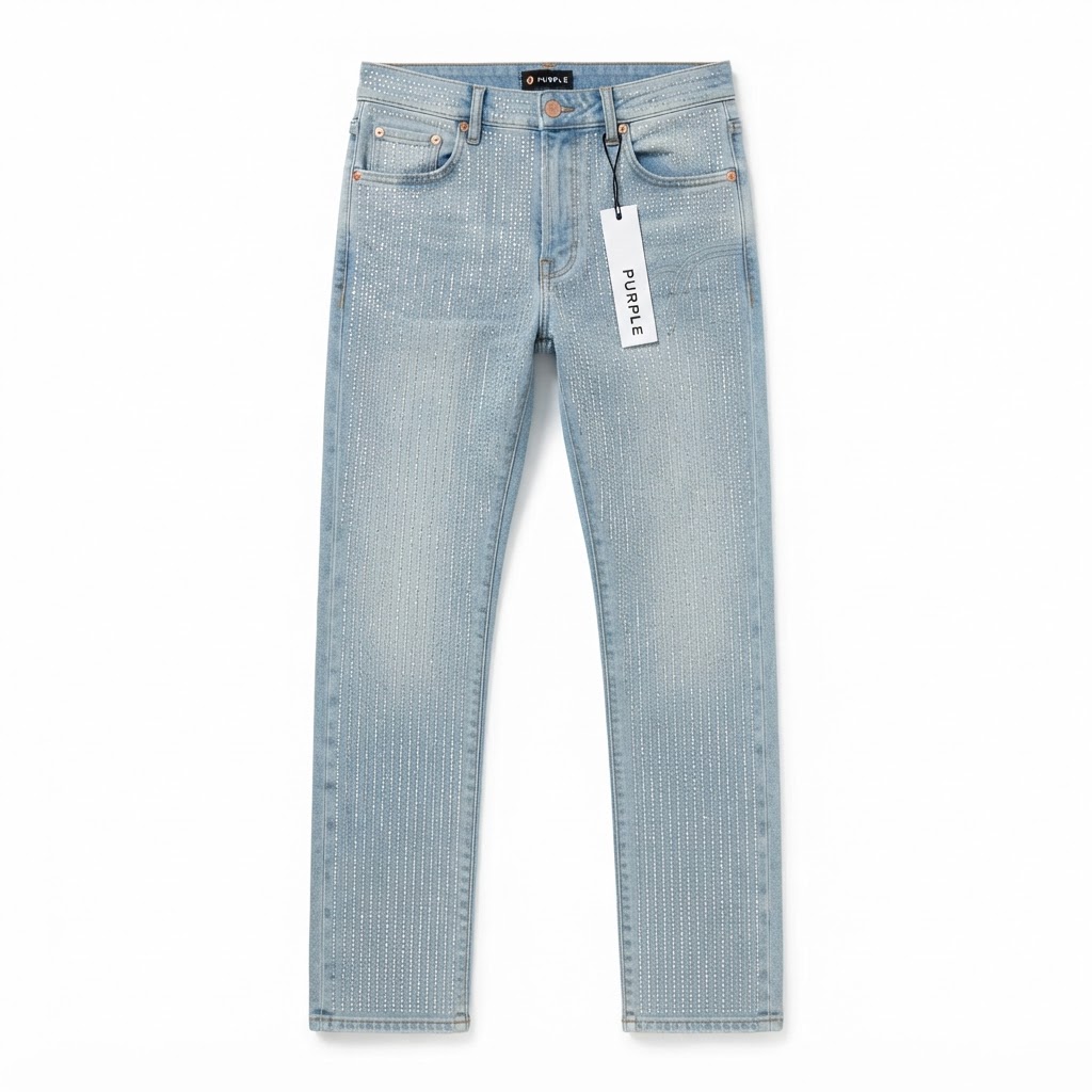 Purple Brand Rhinestone Stripe Straight Jeans — Light Blue