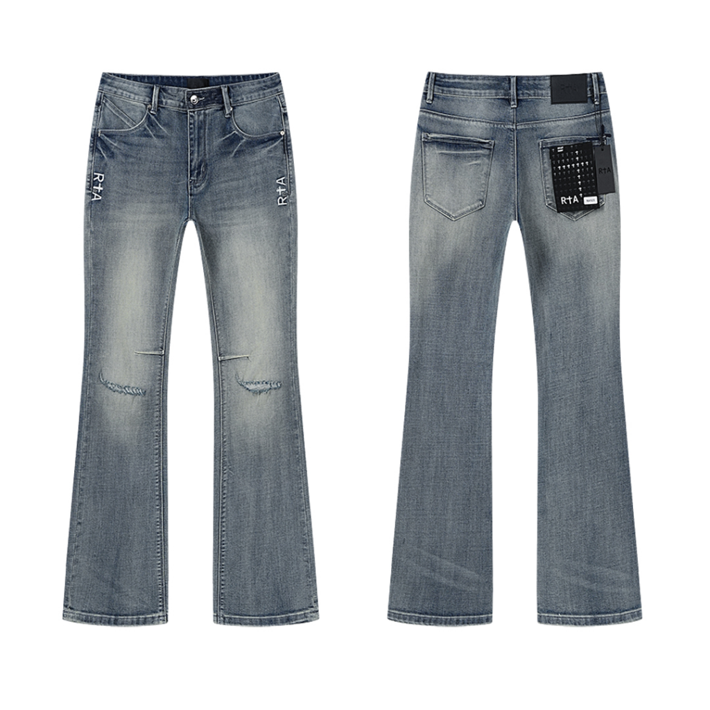 R+A Dual Logo Frayed Knee Flare Jeans — Medium Blue (Women's)