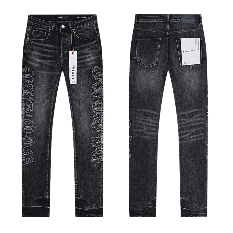 Purple Brand Script Embroidered Slim Jeans — Black