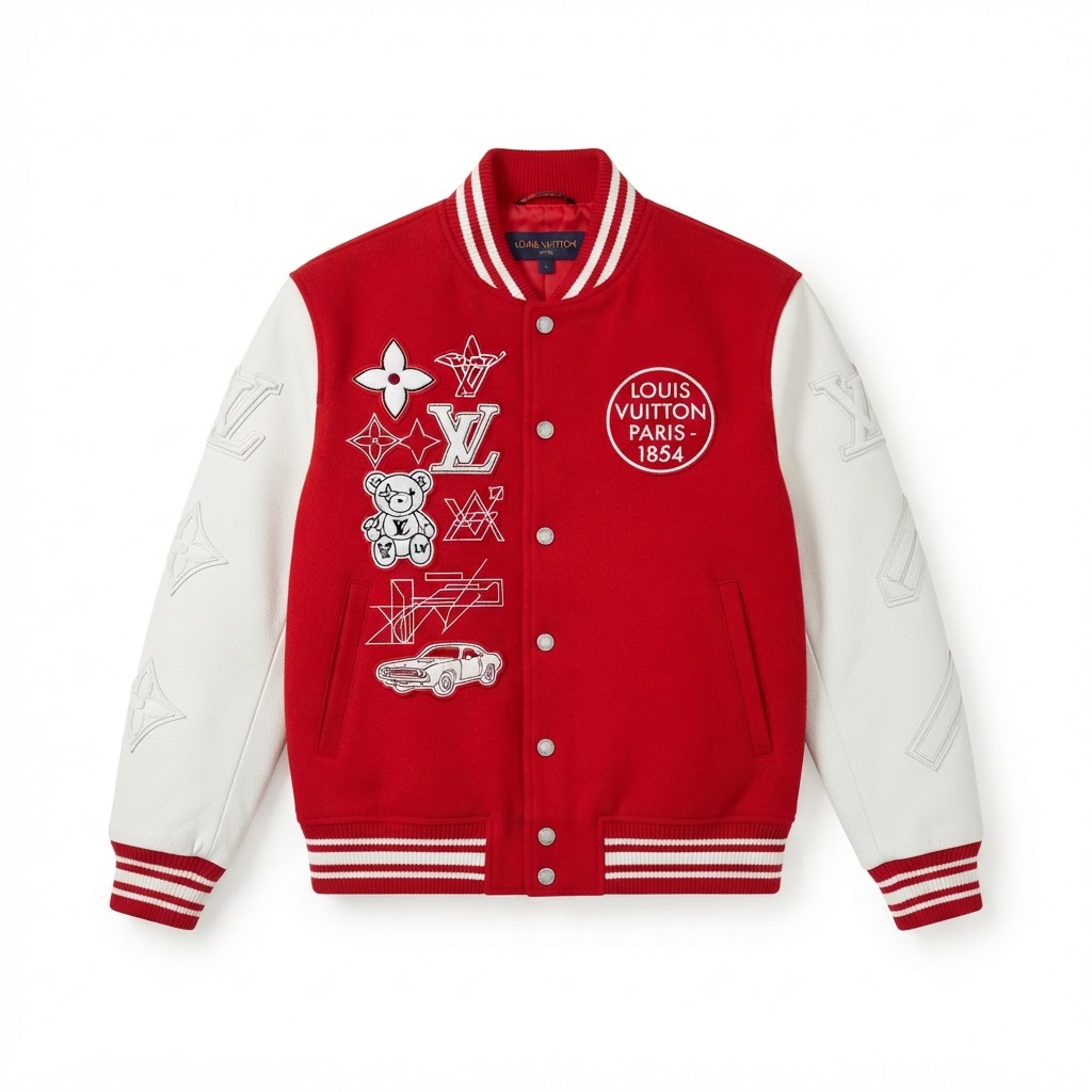 LV Varsity Jacket — Red / White Line-Art