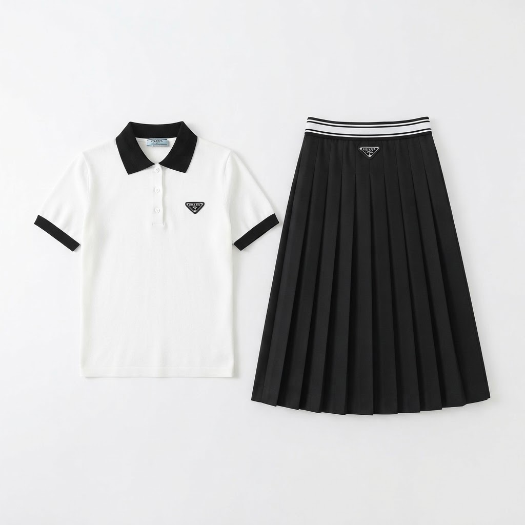 Prada Polo Shirt & Pleated Midi Skirt Set
