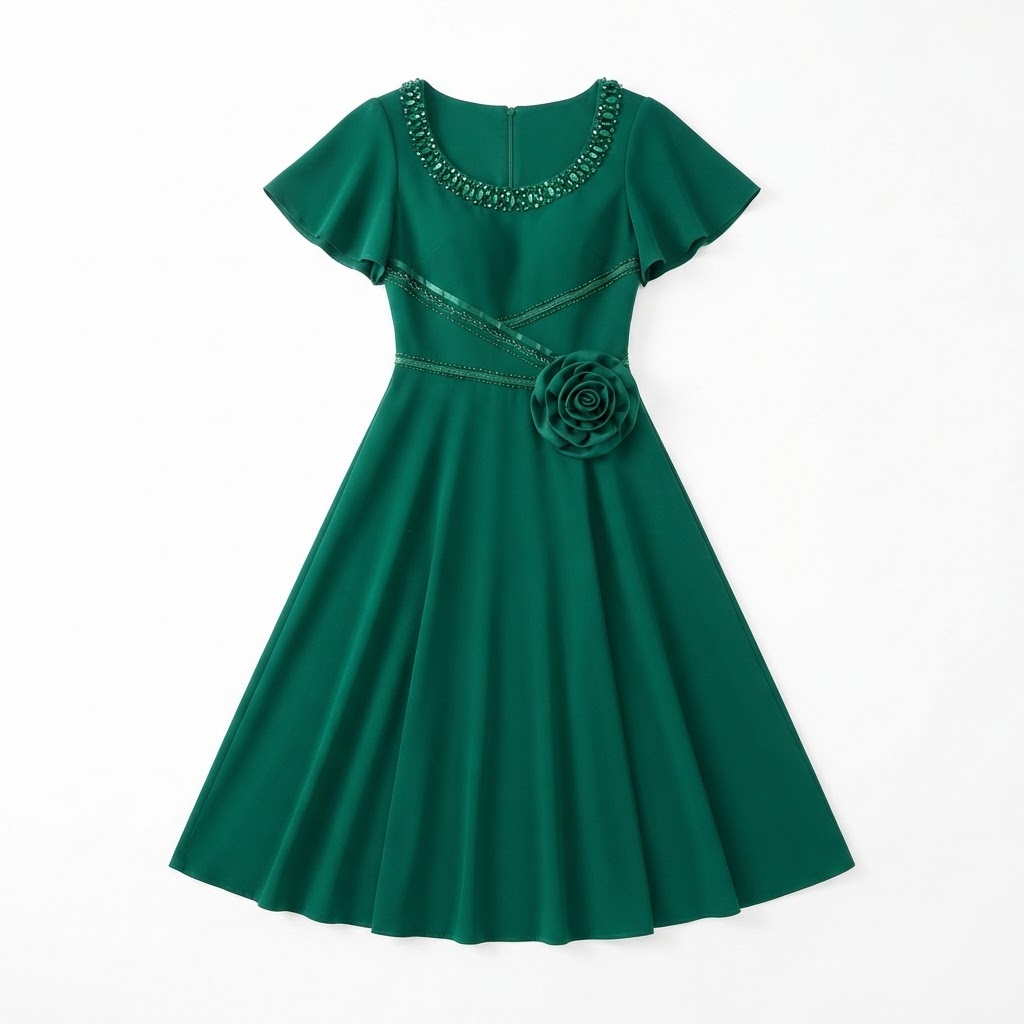 Crystal Necklace Rosette Midi Dress