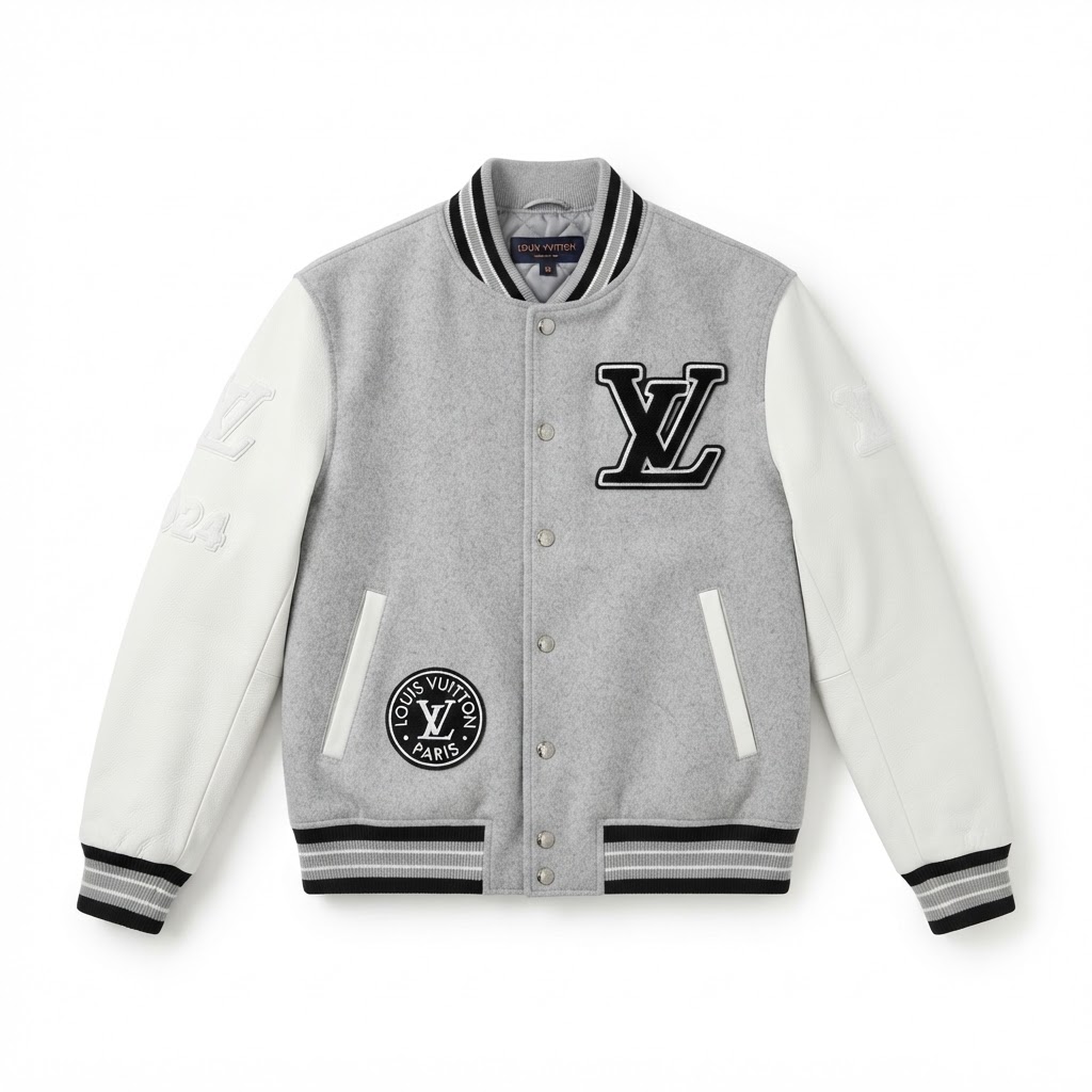 LV Varsity Jacket — Light Grey / White