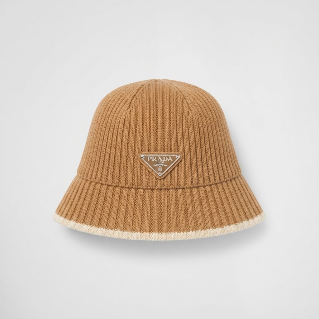 Prada Triangle Badge Knit Bucket Hat