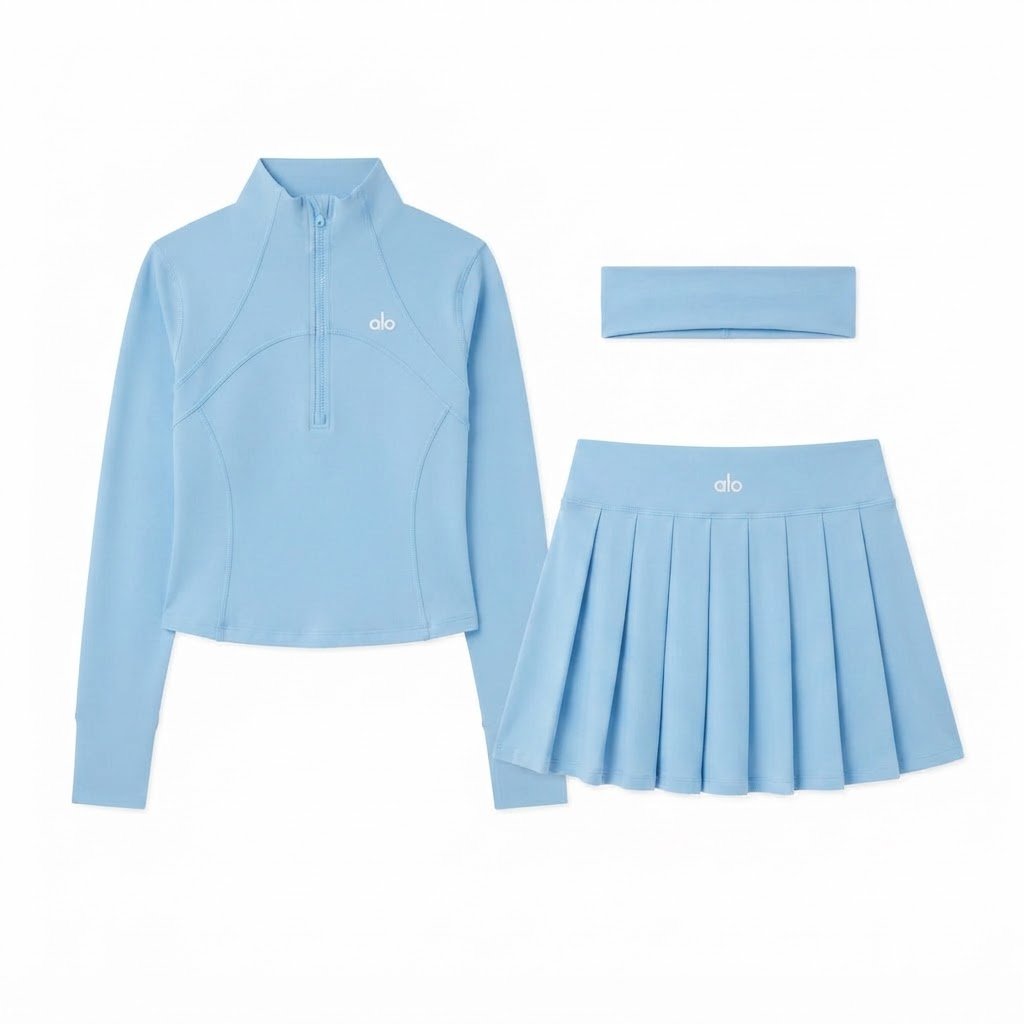 Alo Mock-Neck Zip Crop Top, Skirt & Headband Set