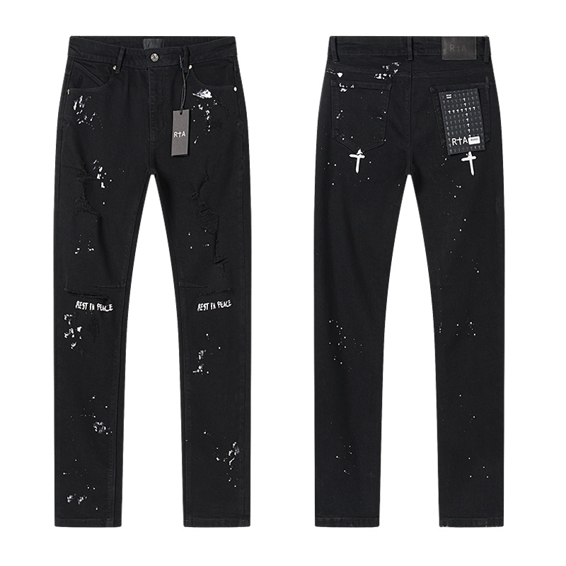 R+A Rest In Peace Paint Splatter Slim Jeans — Black