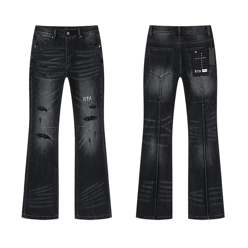 R+A Distressed Logo Flare Jeans — Black (Women's)