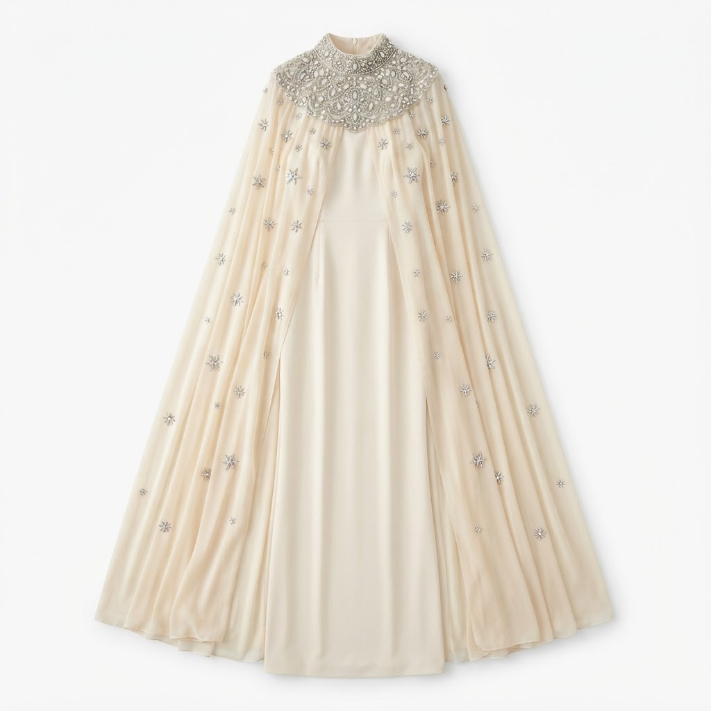 Crystal Collar Chiffon Cape Gown