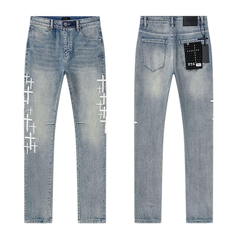 R+A Cross Embroidery Slim Jeans — Light Blue