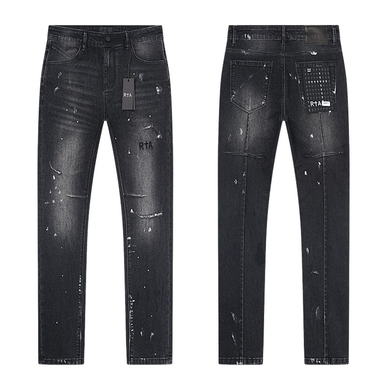 R+A Paint Splatter Faded Slim Jeans — Black