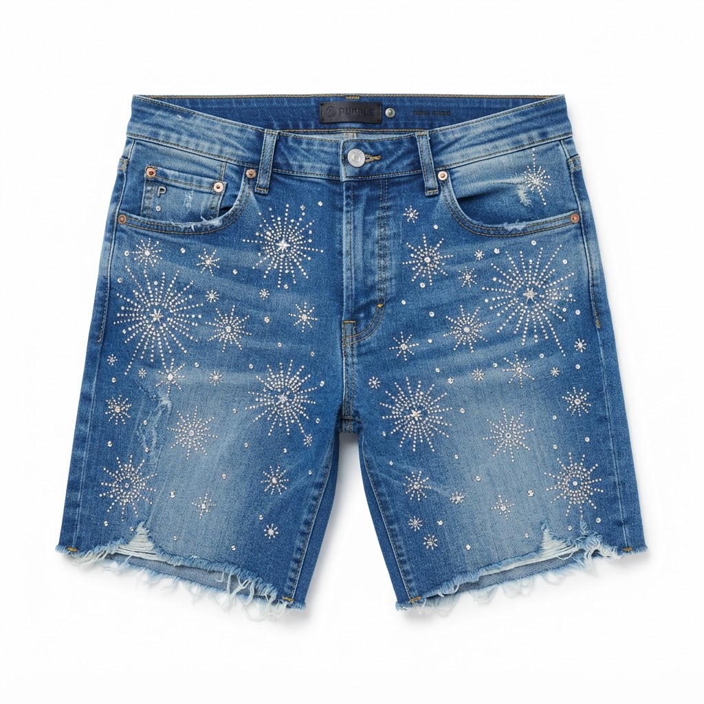 Purple Brand Firework Rhinestone Denim Shorts — Blue