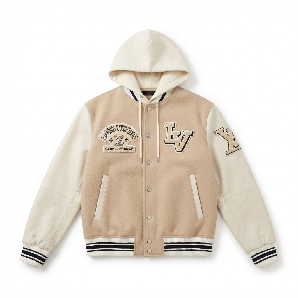 LV Hooded Varsity Jacket — Beige / Cream