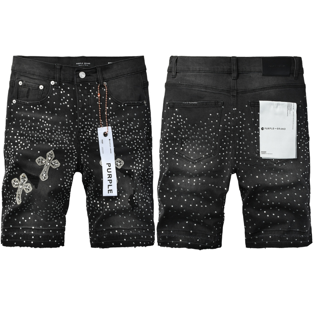 Purple Brand Rhinestone Cross Shorts — Black