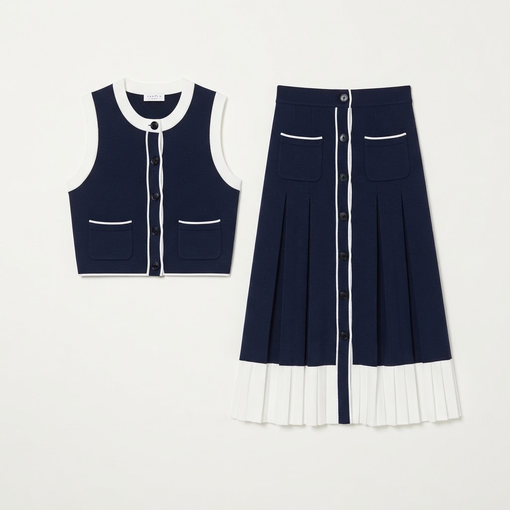 Sandro Paris Navy Contrast Vest & Pleated Skirt Set