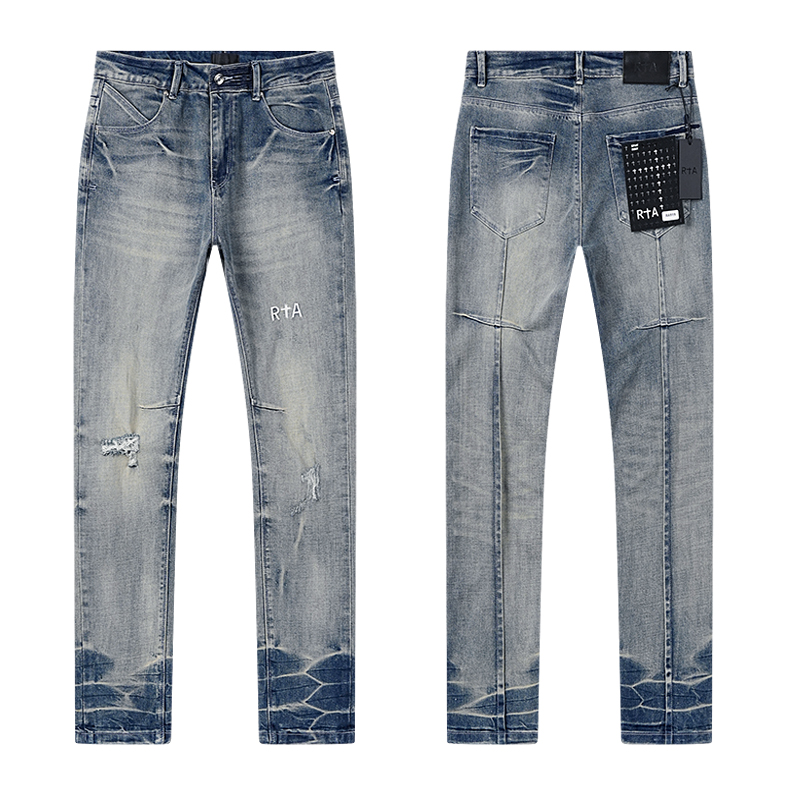R+A Acid Wash Cuff Detail Slim Jeans — Medium Blue