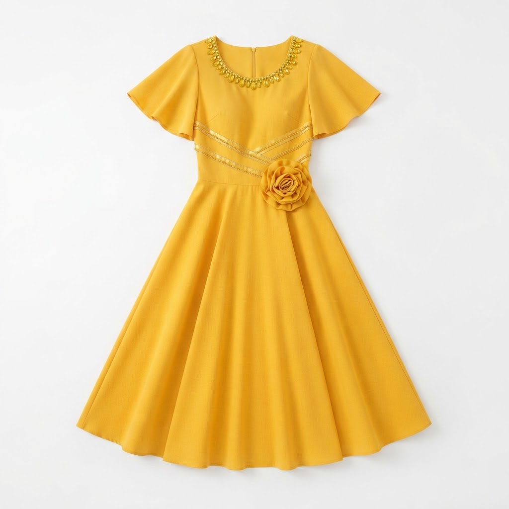 Crystal Necklace Rosette Midi Dress