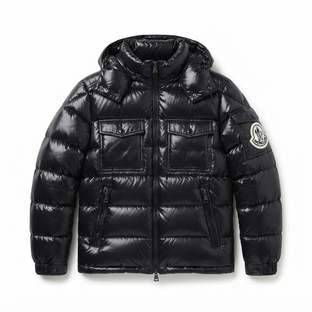 Moncler Shiny Puffer Jacket — Black M Logo Sleeve