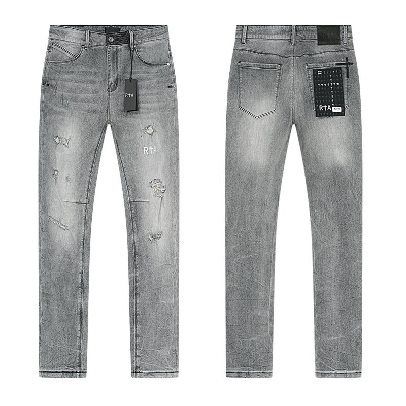 R+A Distressed Logo Slim Jeans — Grey