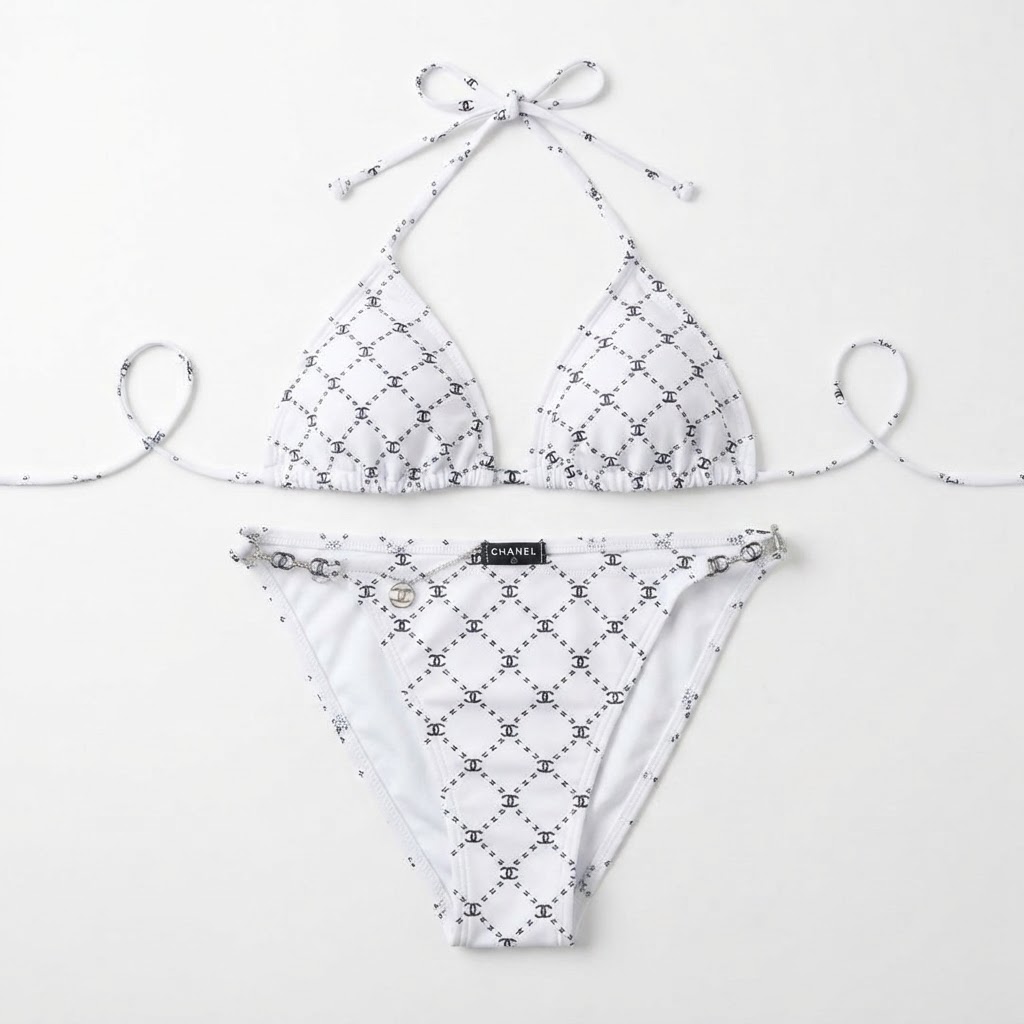 Chanel White CC Quilted Bikini Set