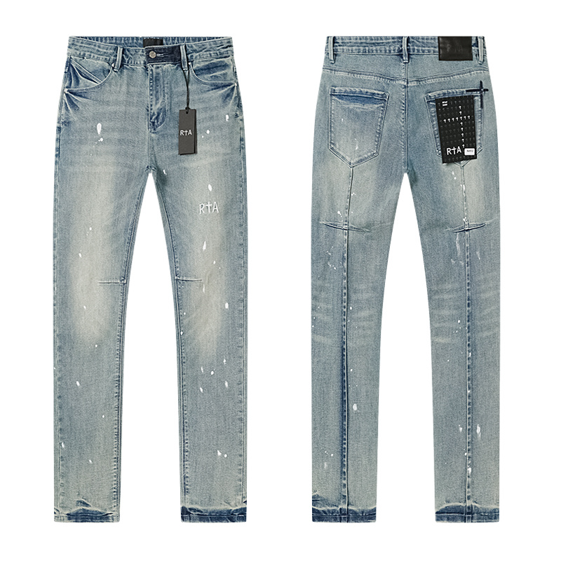 R+A Paint Splatter Vertical Seam Slim Jeans — Light Blue