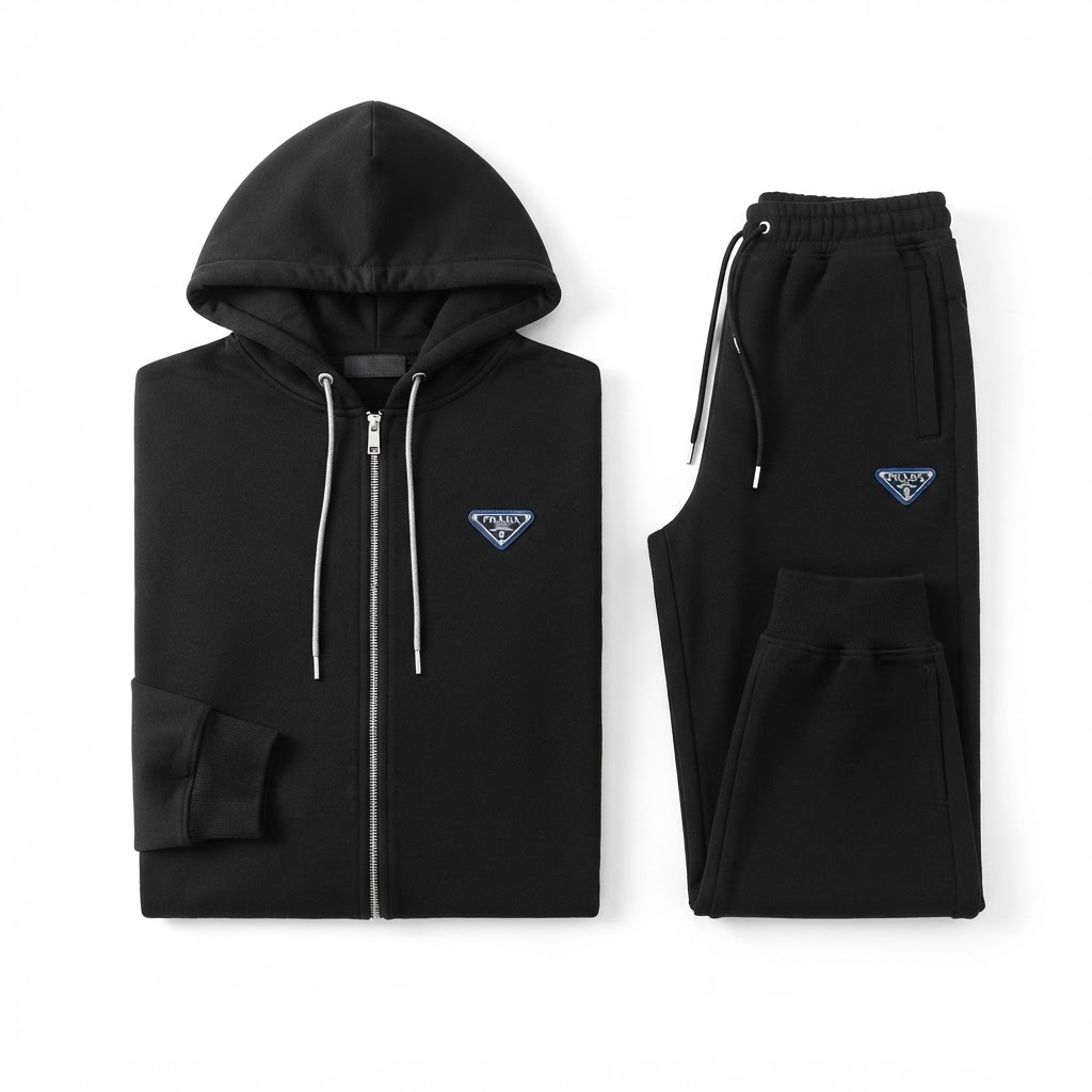 Prada Fleece Zip-Up Tracksuit — Black / Blue Triangle