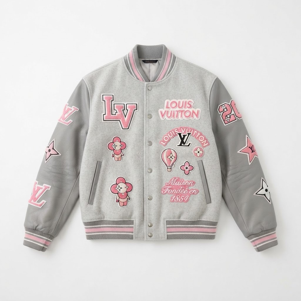 LV Varsity Jacket — Grey / Pink Patches