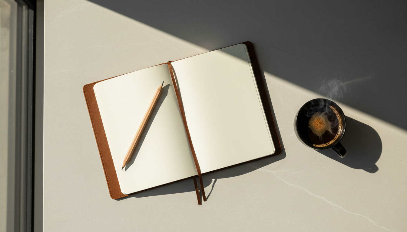 Overhead view of a clean workspace with notebook, coffee, and drafting pencil
