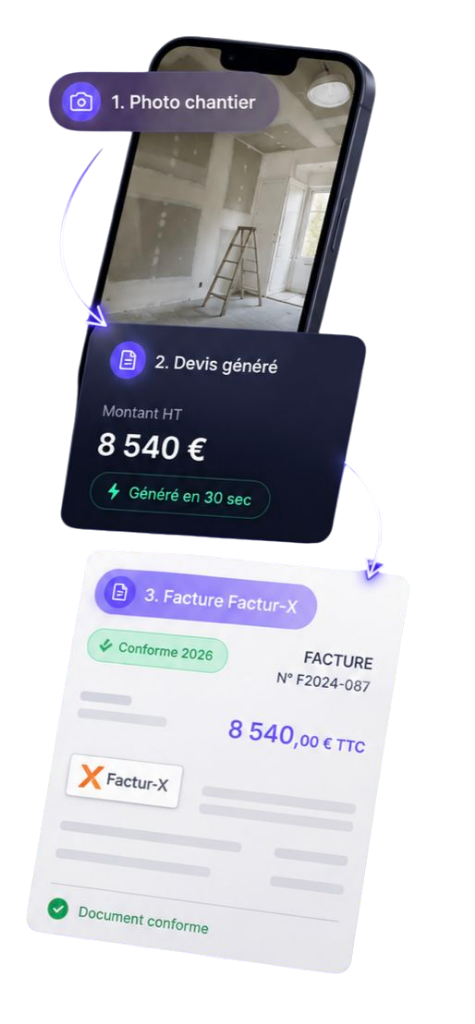 Workflow ArtisanPilot : photo chantier, devis généré, facture Factur-X