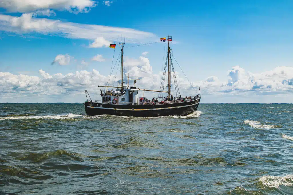 Sælsafari-kutter sejler ud på Vadehavet under blå himmel
