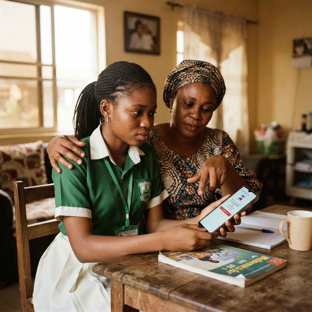 Consultant guiding a Nigerian student through a payment screen