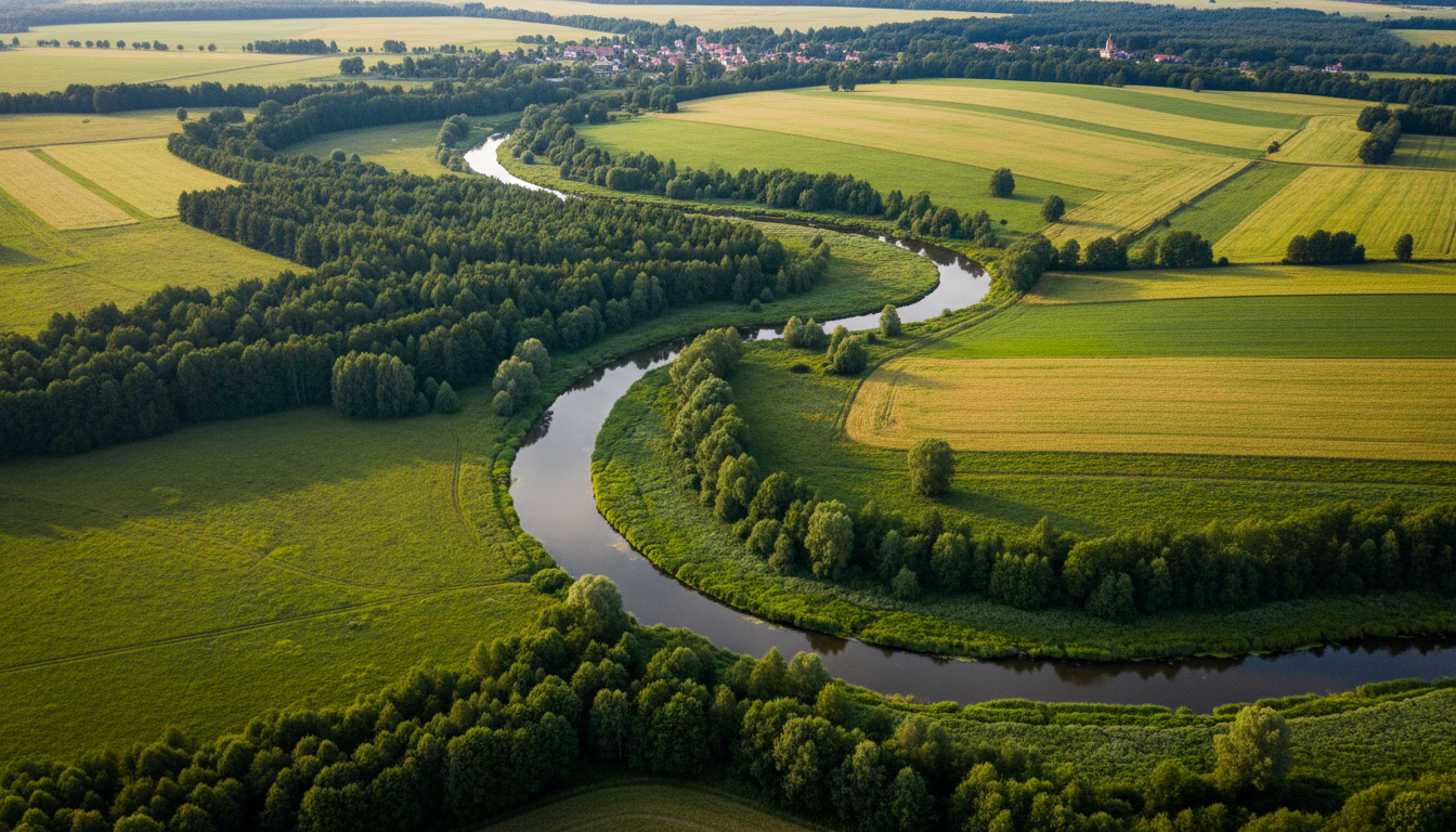 Widok z lotu ptaka na meandrującą Wkrę wśród zielonych łąk