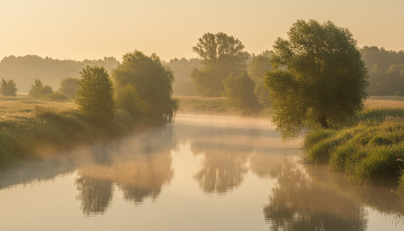 Rzeka Wkra o świcie – mgła nad spokojną wodą