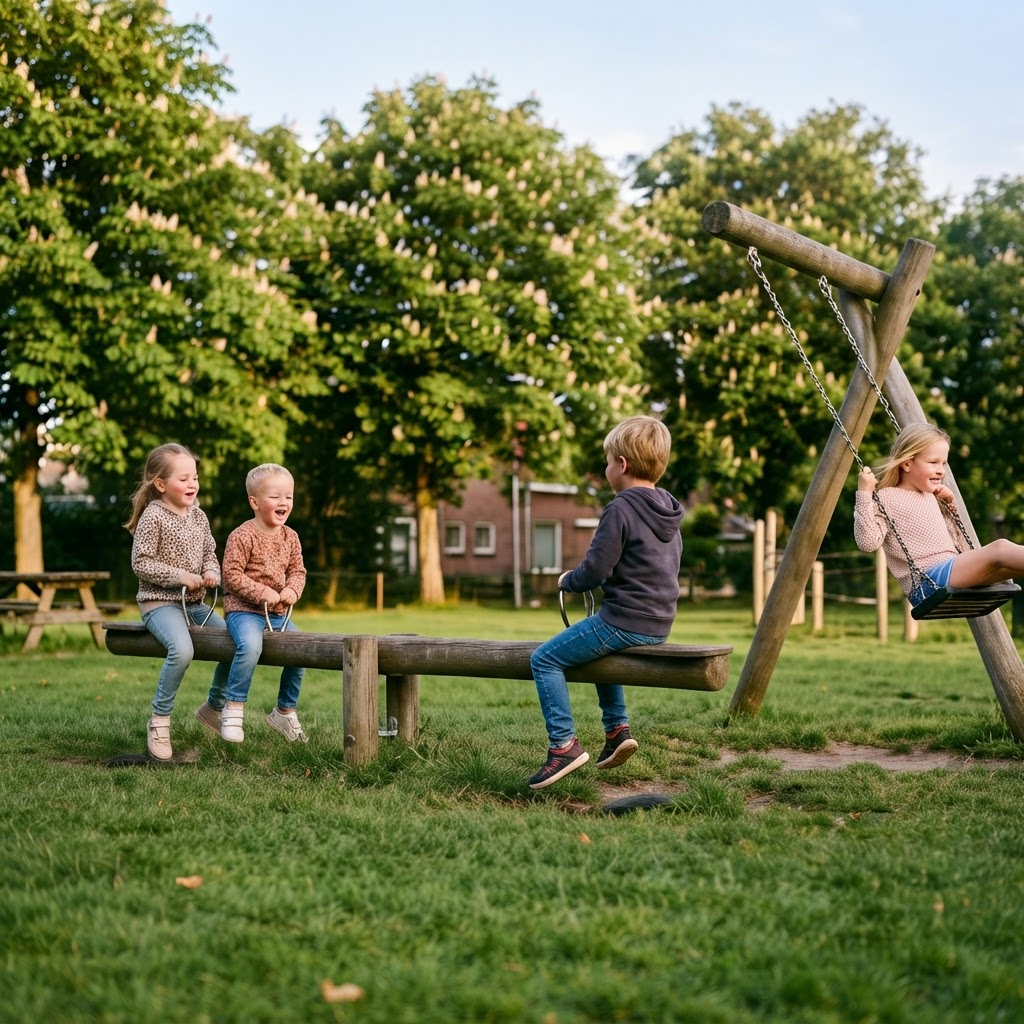 Kinderen op de wipwap en een meisje op de schommel op het schoolplein