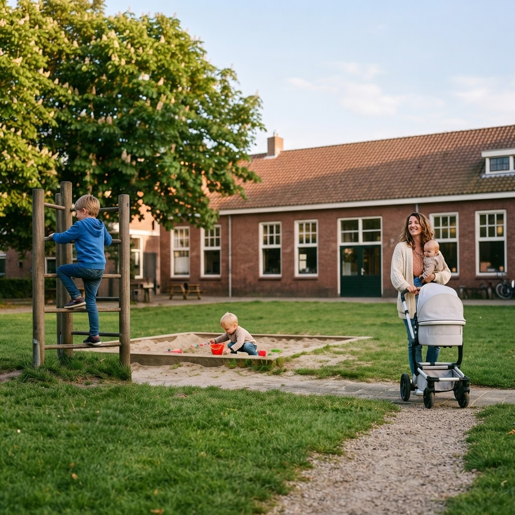 Een jongen op het klimrek, een peuter in de zandbak en een moeder met kinderwagen