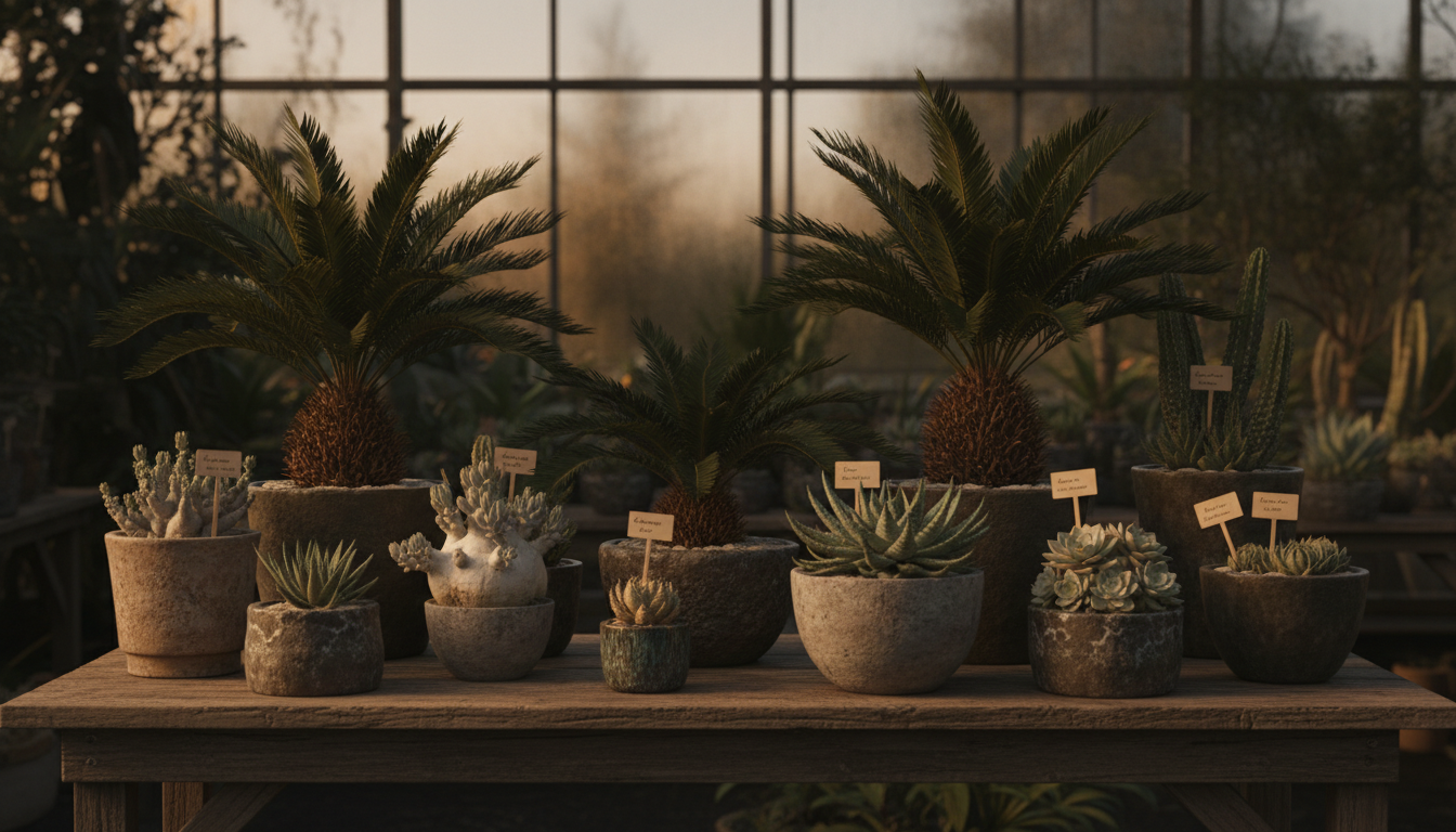Curated collection of rare botanical specimens in a greenhouse nursery