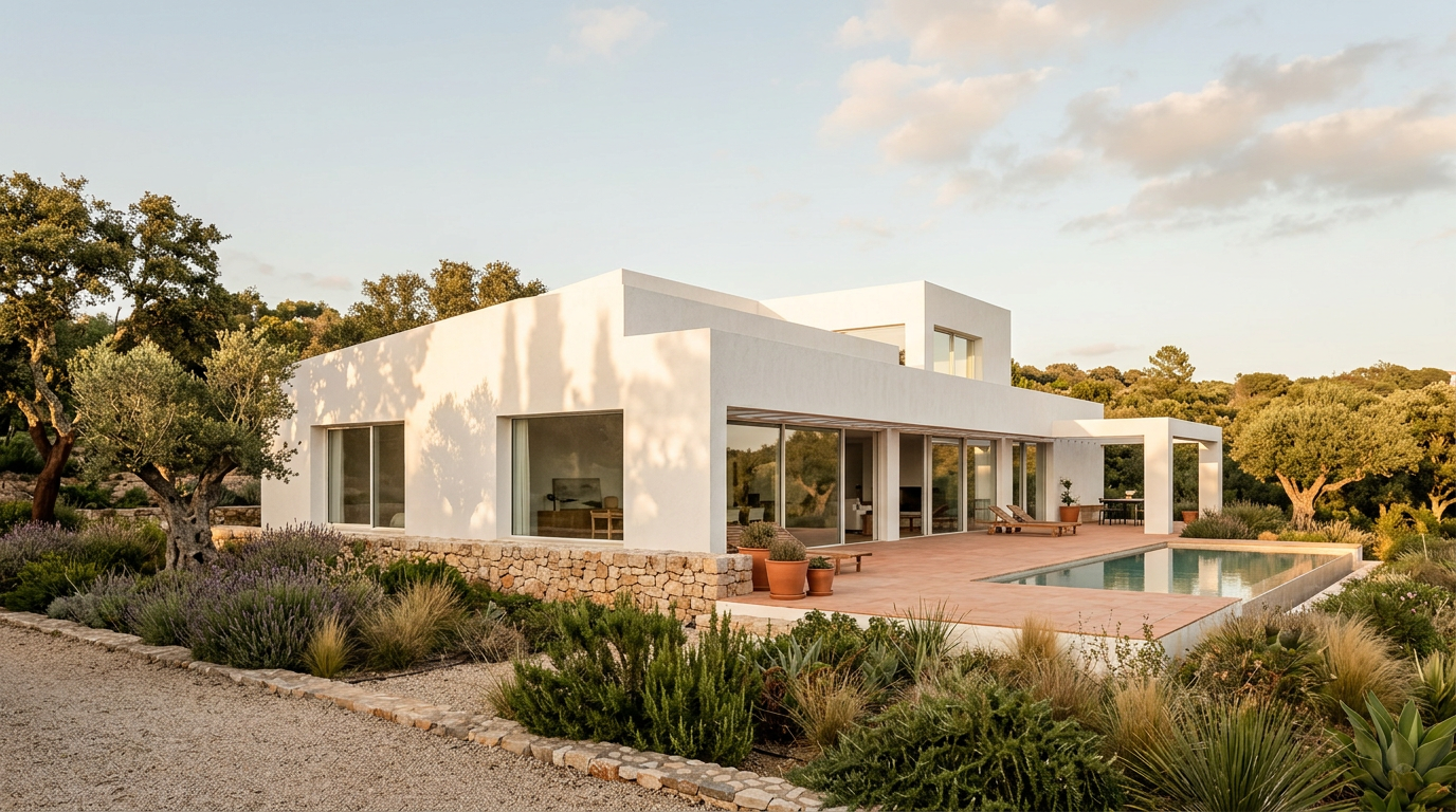 Fachada de moradia contemporânea portuguesa sob luz dourada