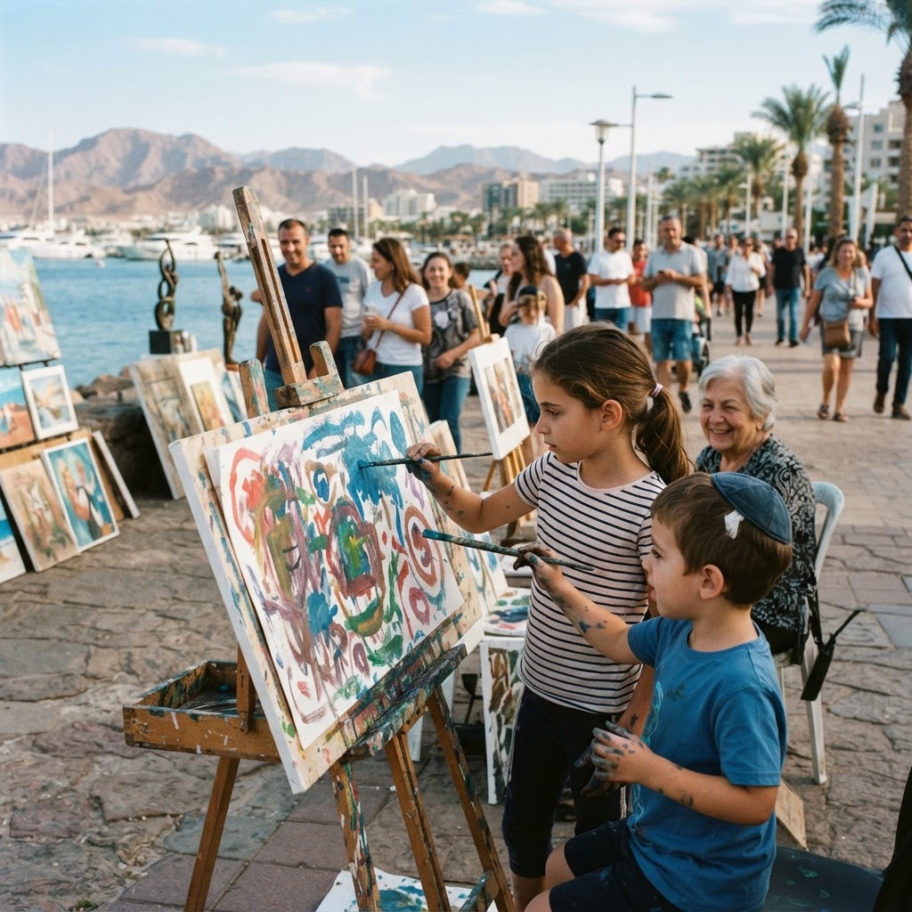 Celebrated Israeli painter's grandchildren get their turn at the easel in Eilat exhibit
