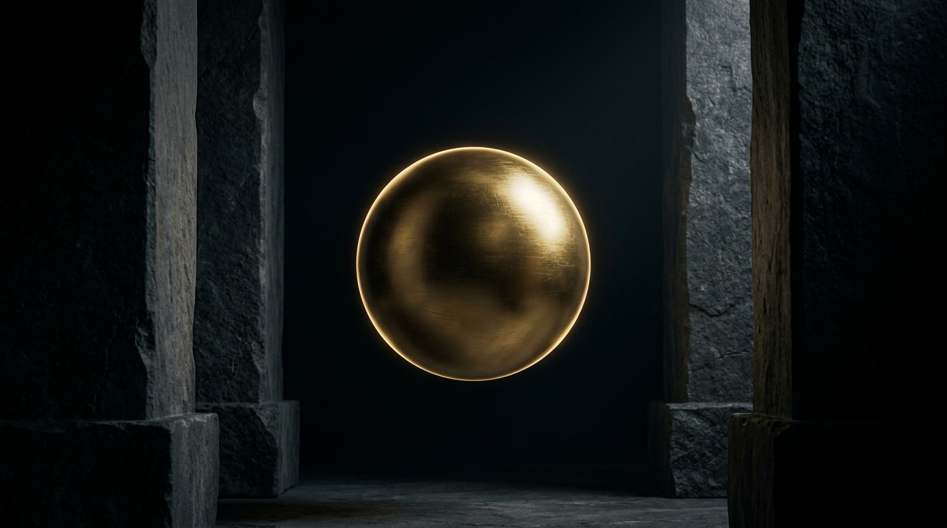 Abstract golden sphere between dark architectural pillars