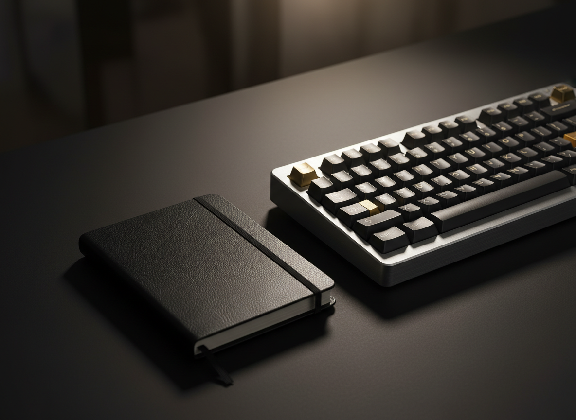 Premium designer workspace with mechanical keyboard and notebook under spotlight