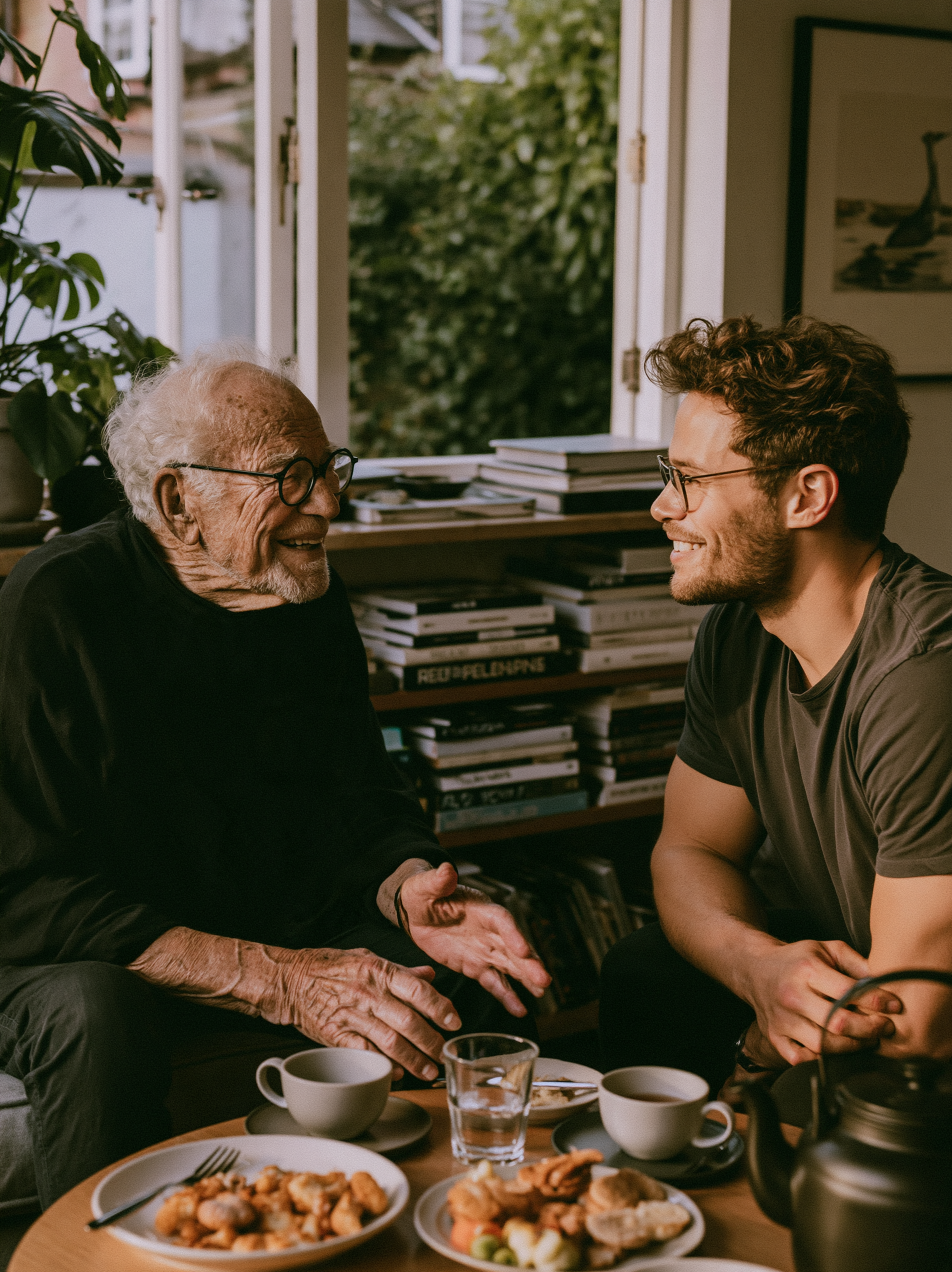 An older man and his companion enjoying conversation over tea and a meal at home