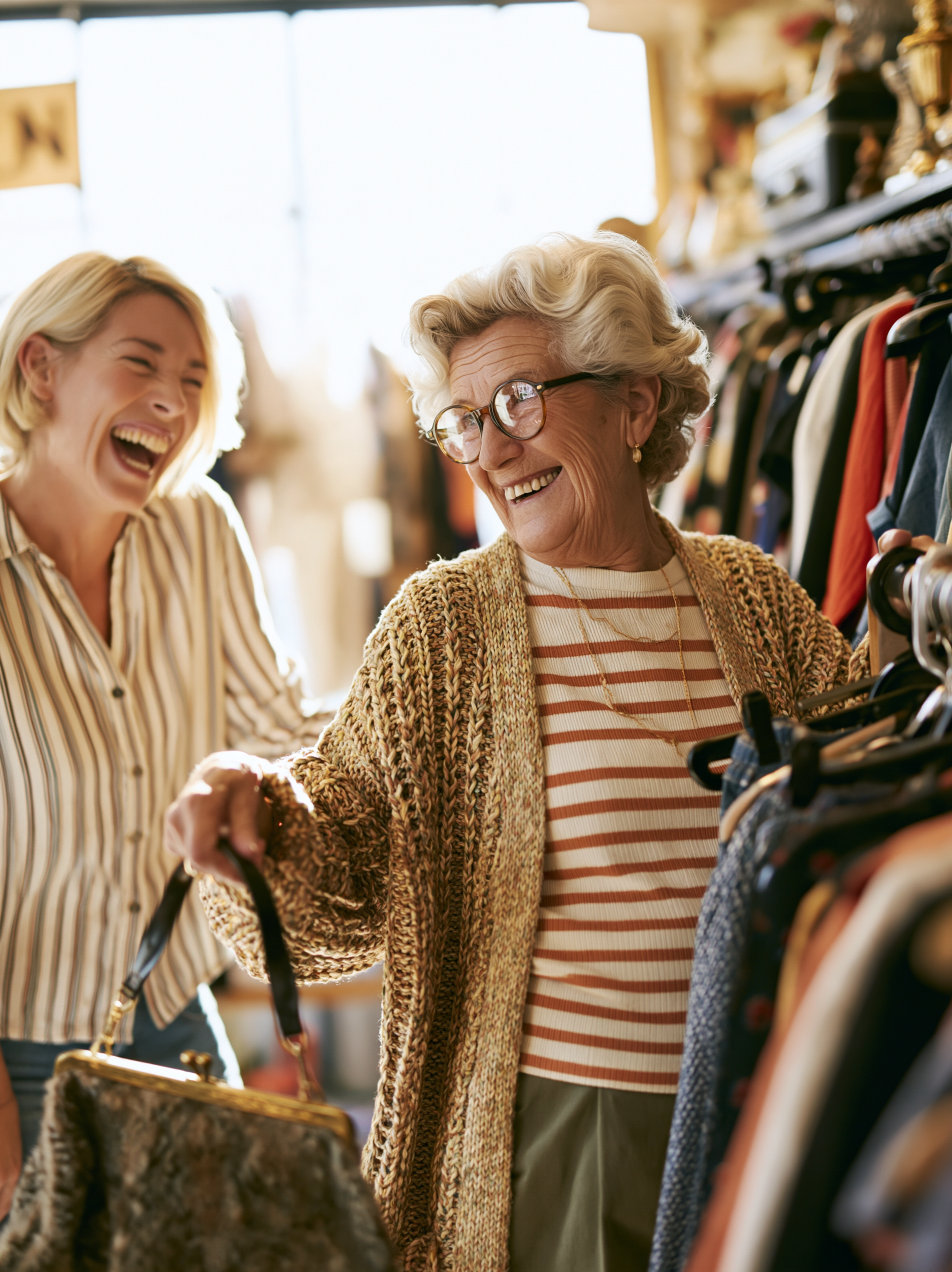 An older woman and her companion laughing together while browsing clothes in a charity shop.