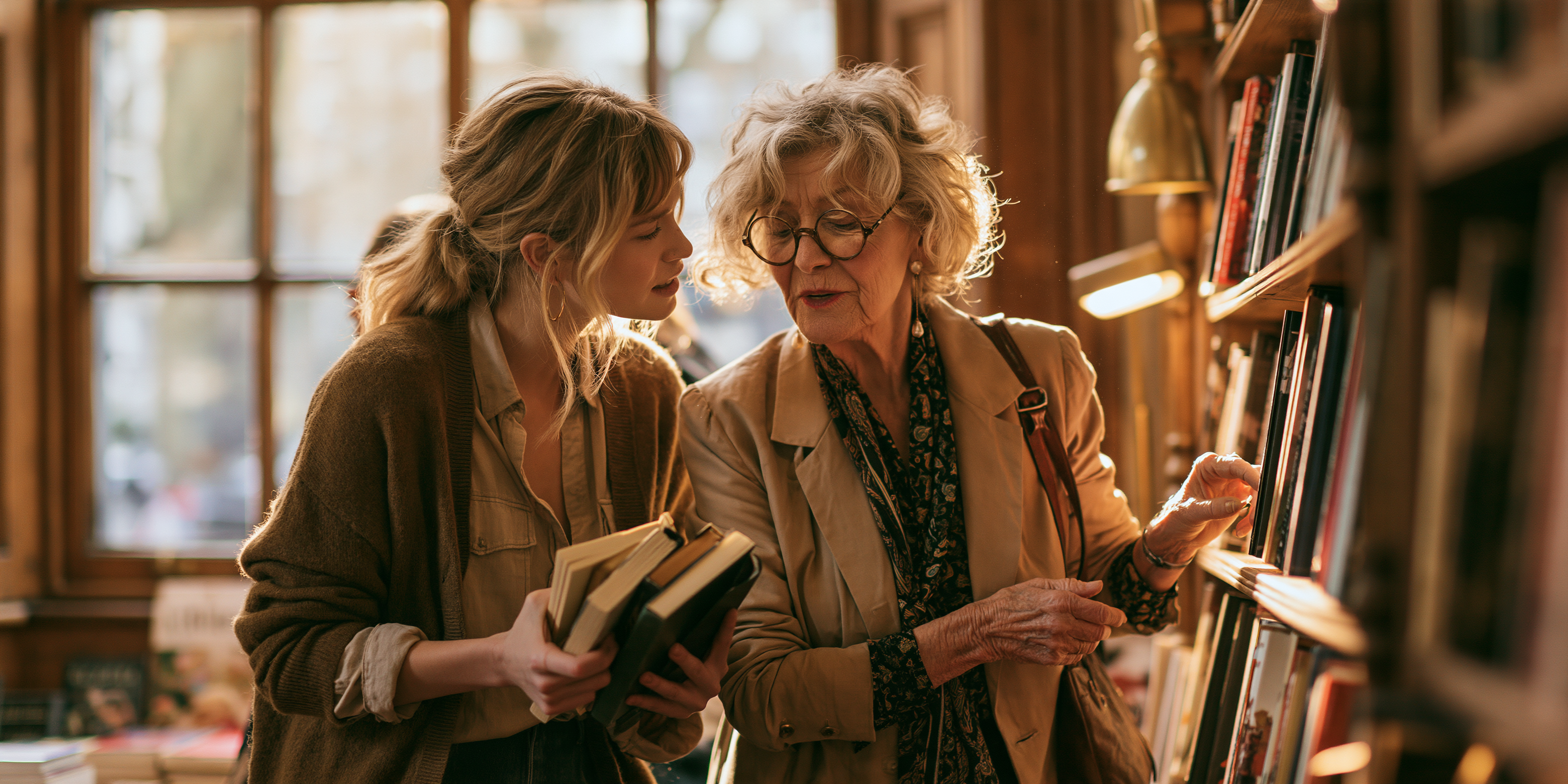 A companion and an older woman browsing books together in a warm, classic bookshop