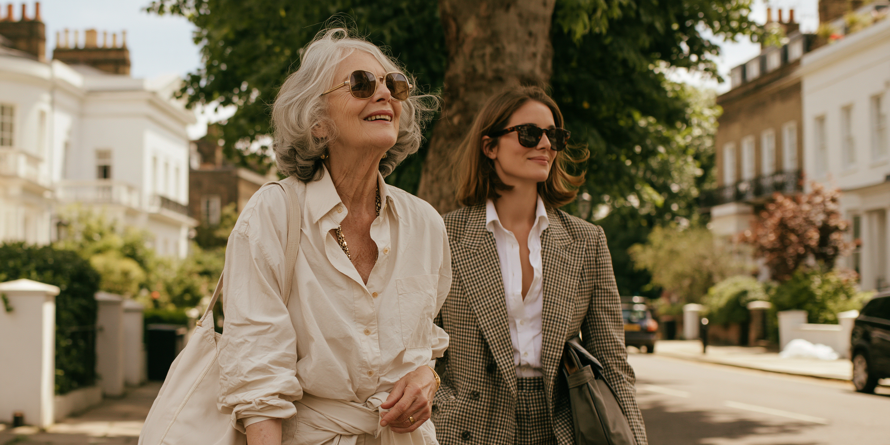 An older woman and a companion walking together through a London neighbourhood