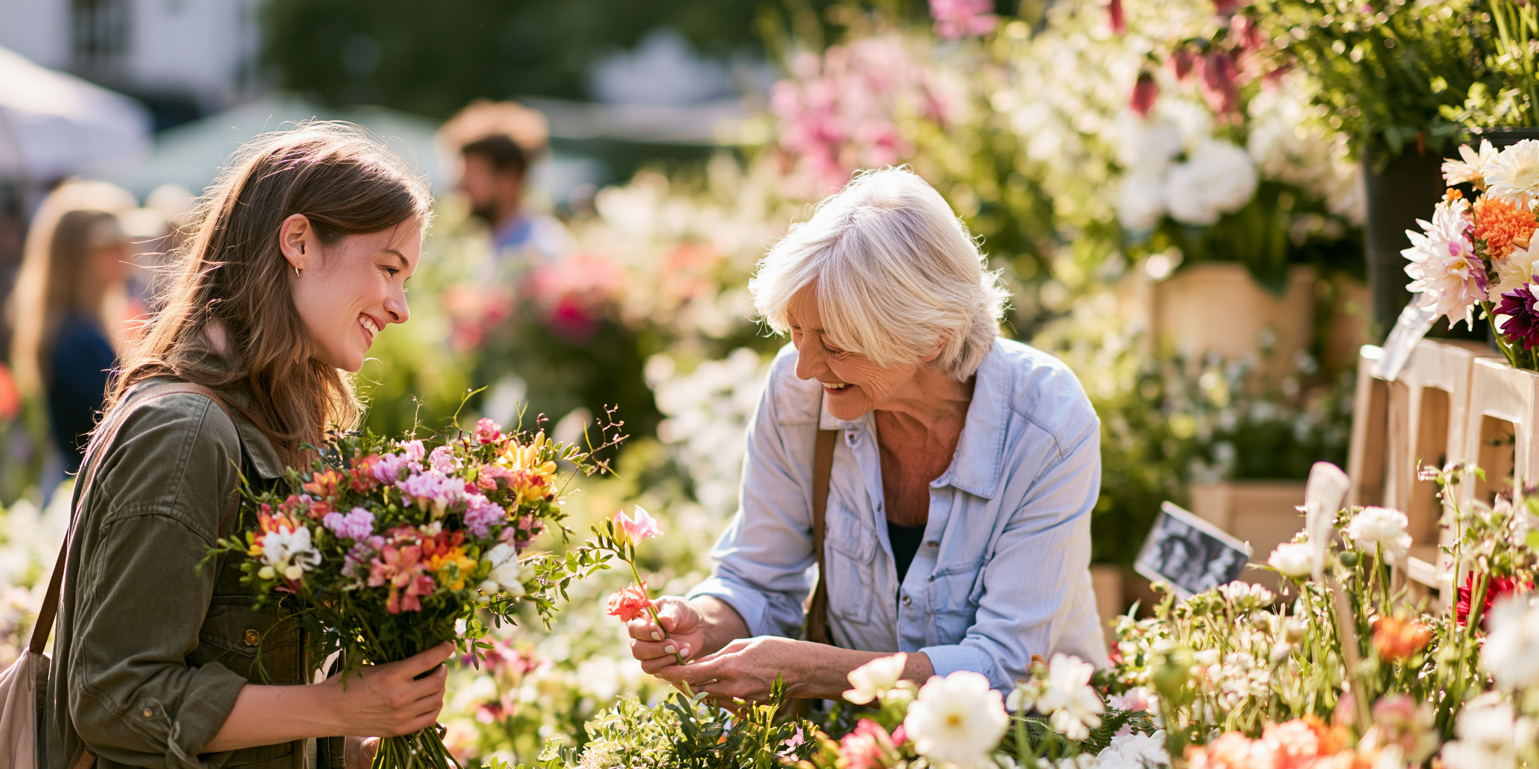 A companion and an older woman browsing flowers together at a flower market