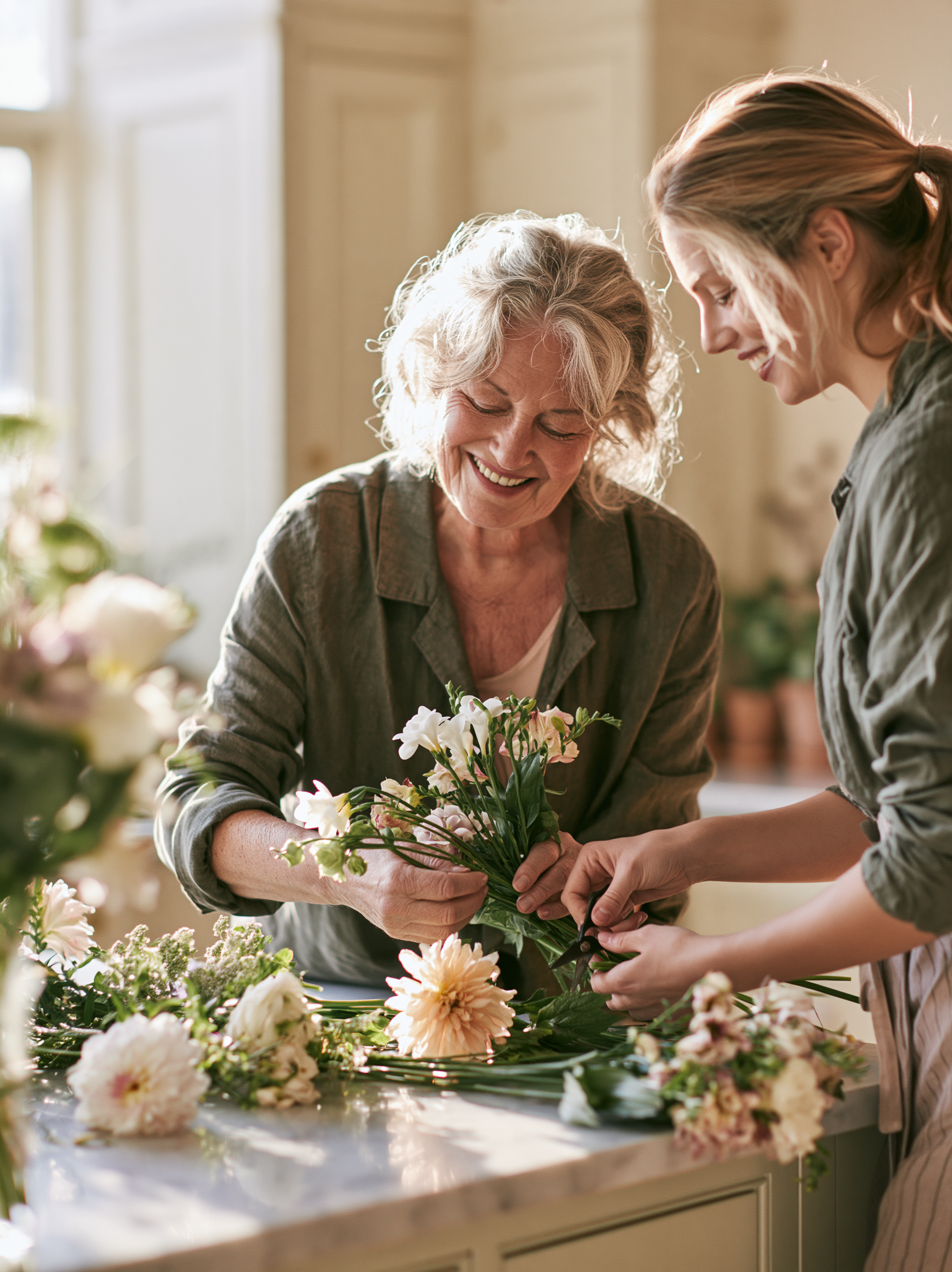 An older woman and her companion smiling as they arrange flowers together at home.