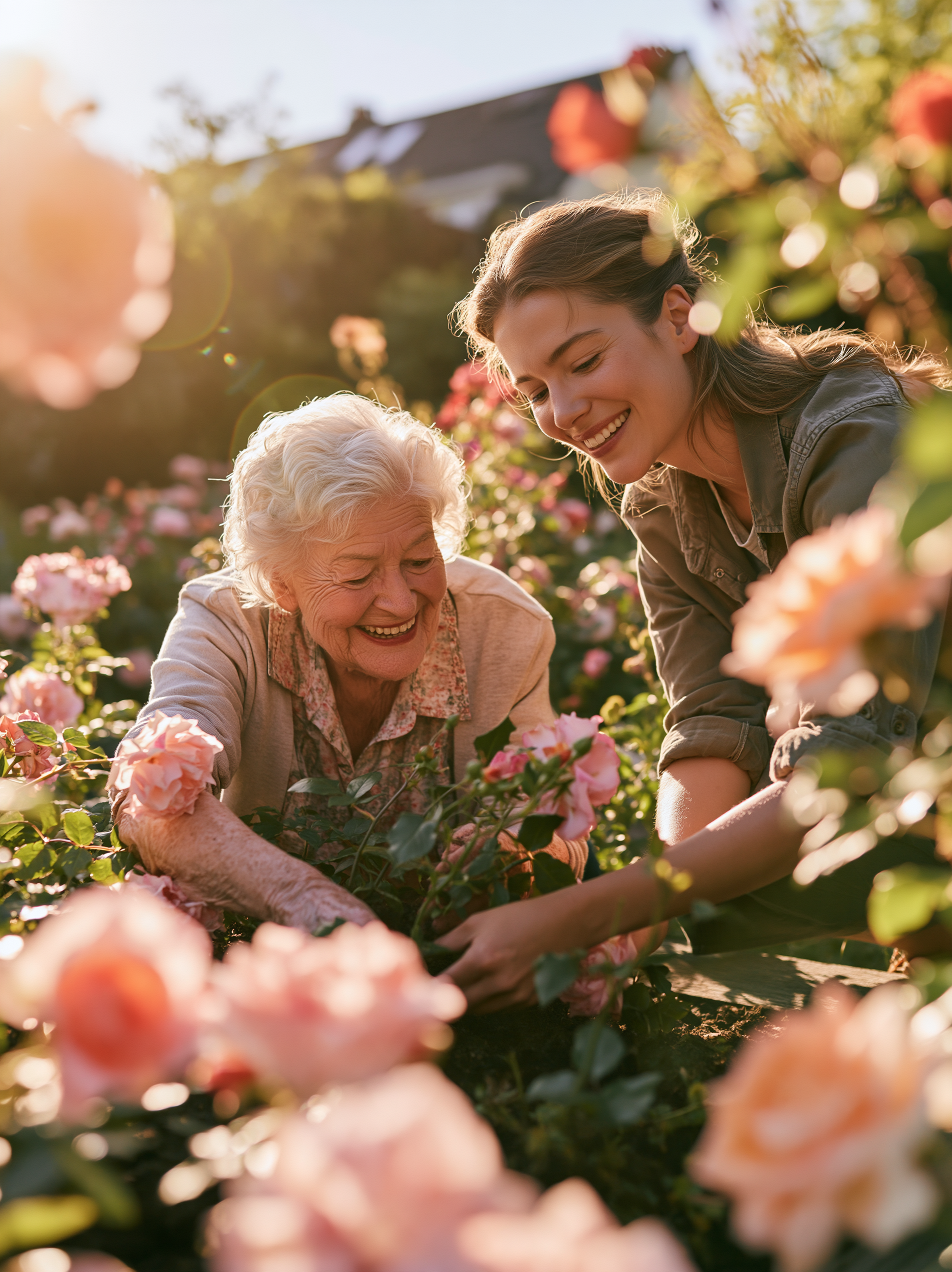 A companion and an older woman enjoying gardening together in a rose garden