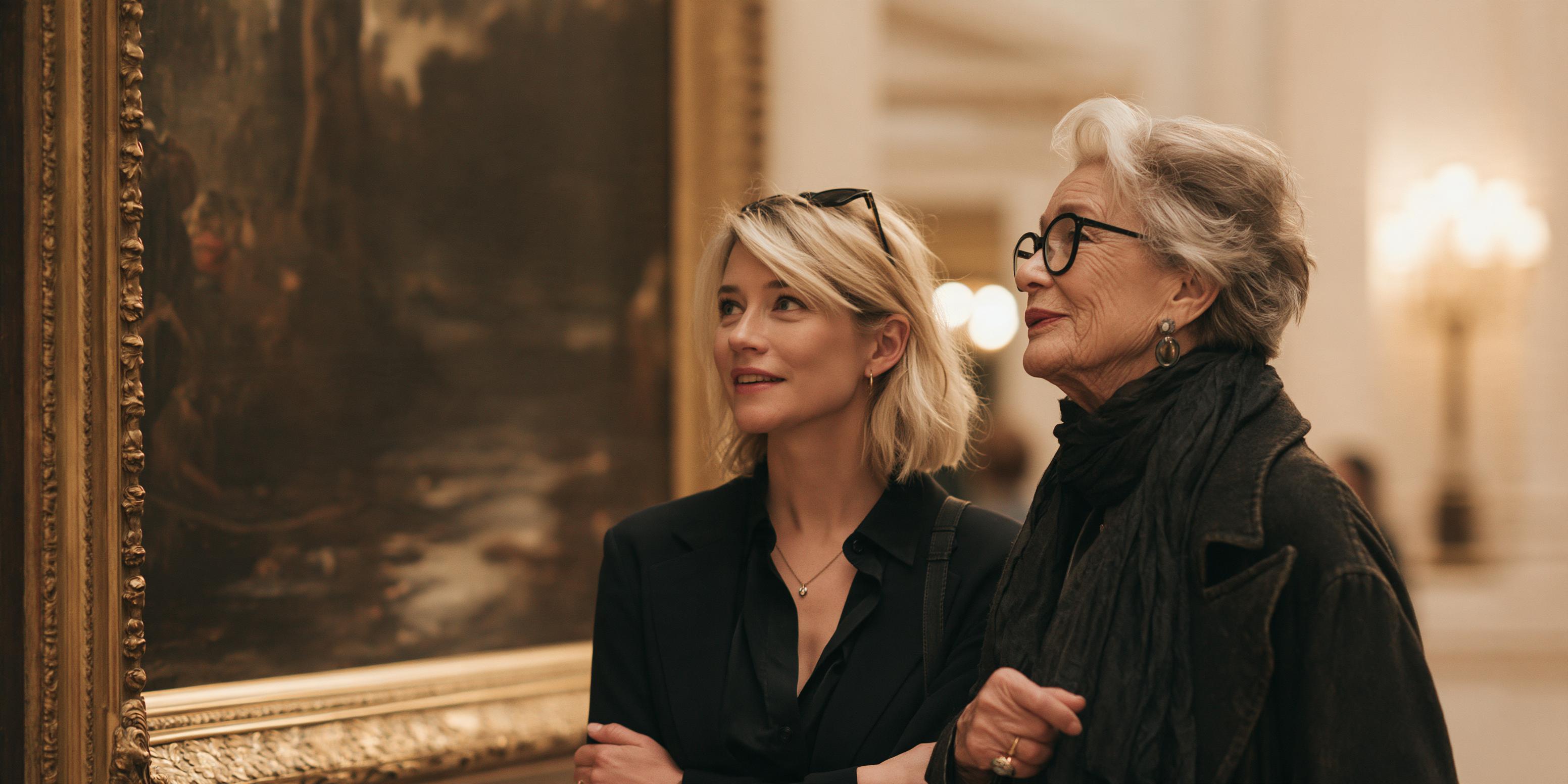 A companion and an older woman viewing paintings together at a museum