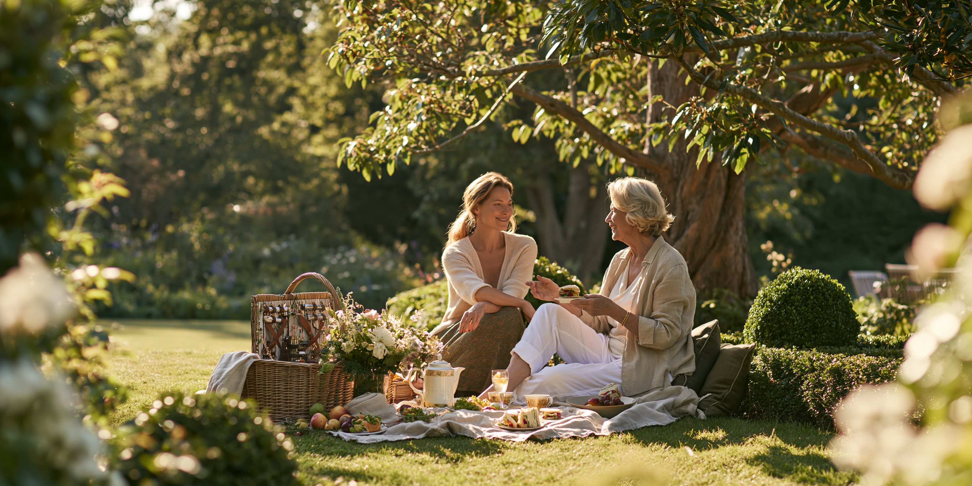 A younger woman and an older woman enjoying a picnic together in an English garden